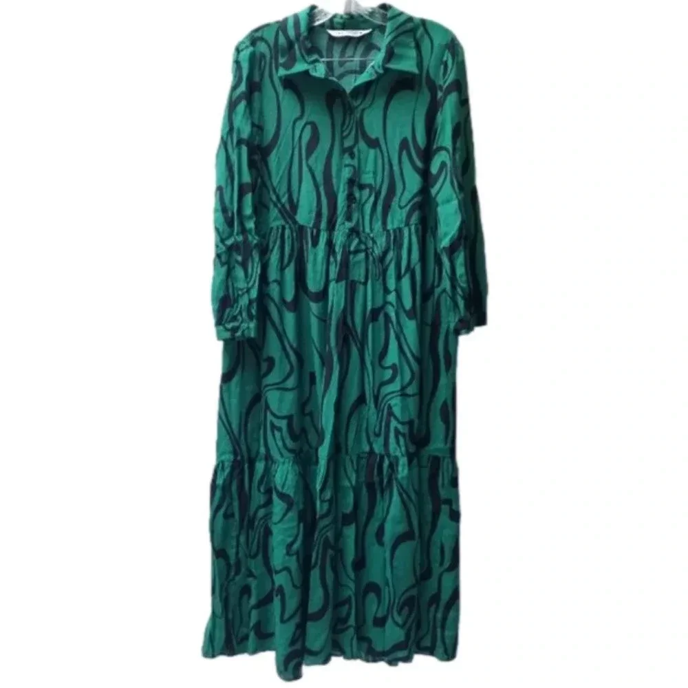Zara Green Black Print Long Sleeve Midi Dress M - Picture 2 of 12